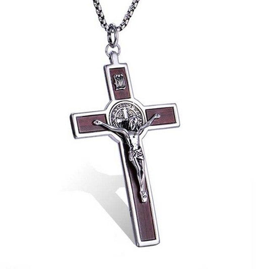 Men's 316L Stainless Steel Wood Cross Pendant Necklace-Necklaces-Innovato Design-Innovato Design