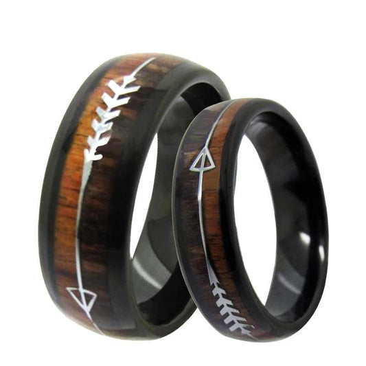 Black Tungsten Carbide in Two-Tone Koa Wood Inlay with Silver Arrow Wedding Band-Rings-Innovato Design-6-6mm-Innovato Design