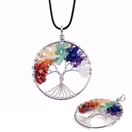 Natural Quartz Chakra Stones Tree of Life Pendant-Necklaces-Innovato Design-Multicolor-Innovato Design