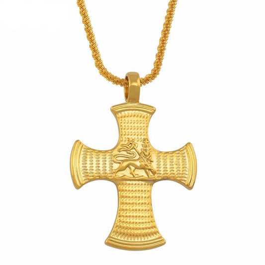Golden Ethiopian Cross Pendant Necklace with Lion of Judah Engraving-Necklaces-Innovato Design-Innovato Design