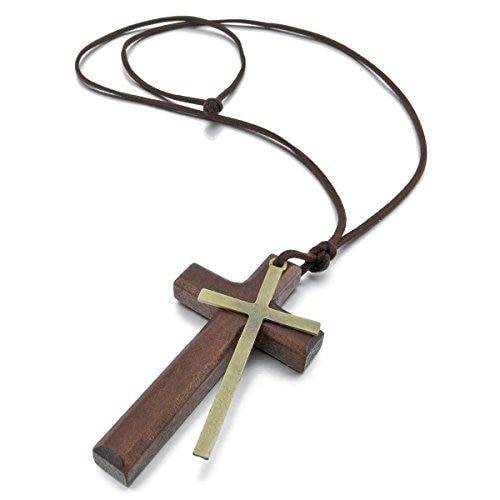 Leather & Wood Cross Vintage Pendant Necklace-Necklaces-Innovato Design-Innovato Design