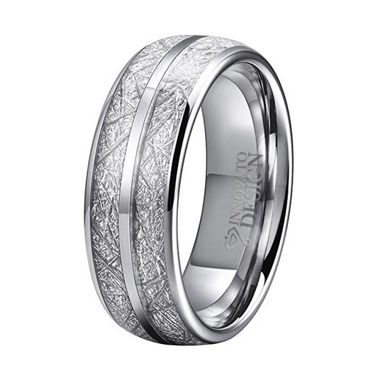 8mm Silver Tungsten with Silver Meteorite Inlay Wedding Band-Rings-Innovato Design-5-Innovato Design