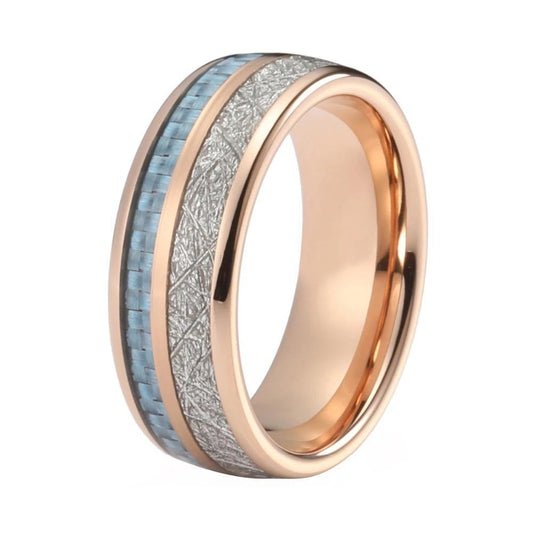 Rose Gold Tungsten Carbide with Blue and Silver Meteorite Inlay Wedding Band-Rings-Innovato Design-5-Innovato Design