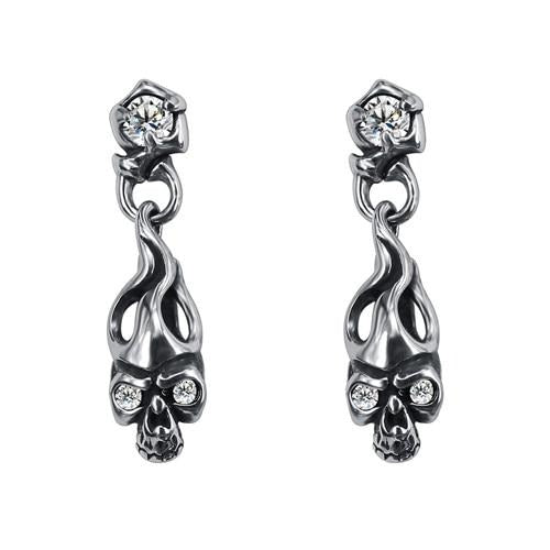 Dangling Skull and Cubic Zirconia Stainless Steel Punk Biker Stud Earrings-Earrings-Innovato Design-White-Innovato Design