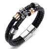 Black Two Strands Braided Genuine Leather Skull Beaded Bracelet-Skull Bracelet-Innovato Design-Rose & Skull-7-Innovato Design