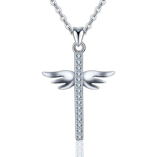 Sterling Silver Crystal Cross Pendant with Angel Wings Necklace-Necklaces-Innovato Design-Innovato Design