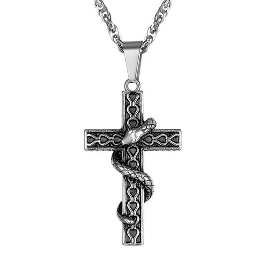 Snake Entwined Around Cross Pendant with Link Chain Necklace-Necklaces-Innovato Design-Silver-Innovato Design