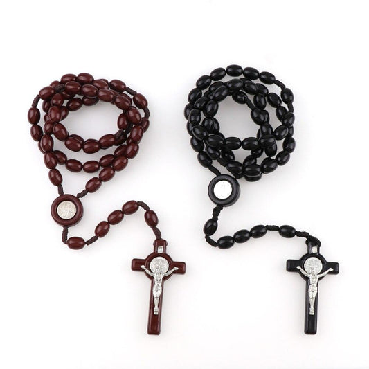 St. Benedict Jesus Cross Resin Beads Rosary Wooden Pendant Necklace-Necklaces-Innovato Design-Black-Innovato Design