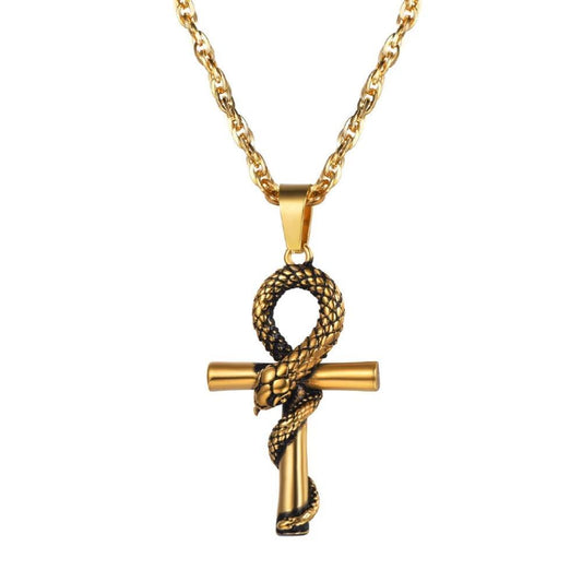 Egyptian Ankh Cross with Snake Pendant and Chain Necklace-Necklaces-Innovato Design-Gold-Innovato Design