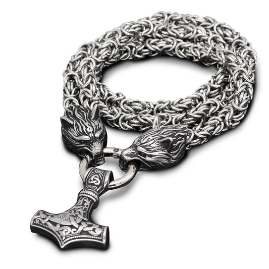 Thor's Hammer Pendant with Two Wolf Heads Byzantine Chain Necklace-Necklaces-Innovato Design-19.5-Innovato Design