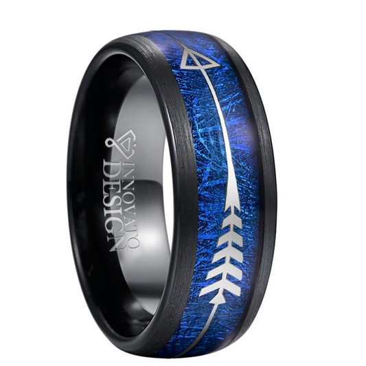 8mm Silver Arrow-Shaped Tungsten Carbide with Inlaid Blue Meteorite Wedding Band-Rings-Innovato Design-7-Innovato Design