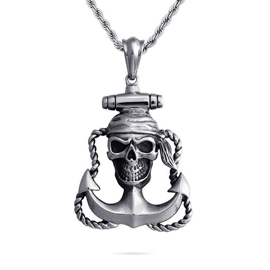 Silver Steel Skull Anchor Pendant Necklace-Necklaces-Innovato Design-Innovato Design