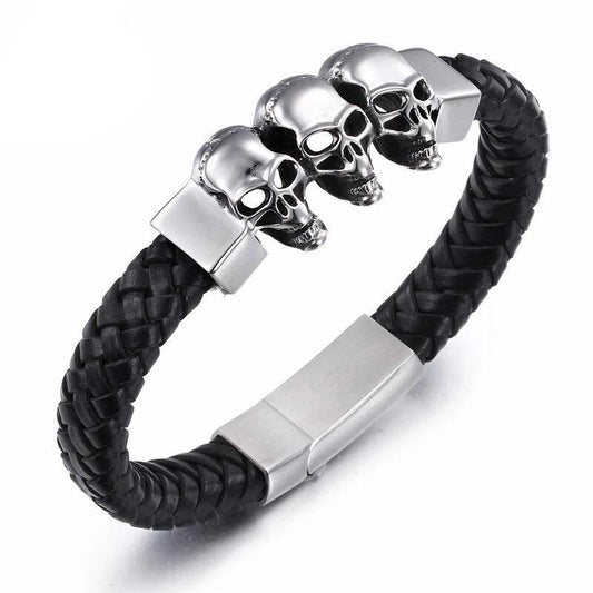 Black Braided Leather Stainless Steel Tri Skull Bracelet-Skull Bracelet-Innovato Design-Silver-Innovato Design