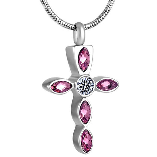 Silver Crystal Cross Memorial Urn Pendant with Necklace-Necklaces-Innovato Design-Purple-Innovato Design