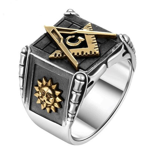 925 Sterling Silver Masonic Ring with Black and Gold Plated G Symbol, Sun & Moon-Rings-Innovato Design-6-Innovato Design