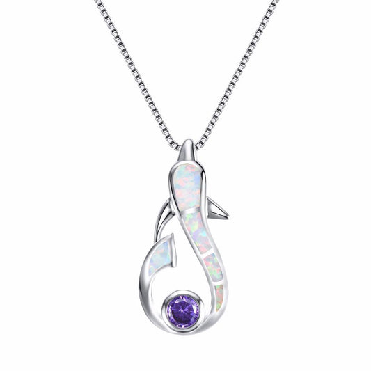 925 Sterling Silver Dolphin Opal Gemstone Pendant and Chain Necklace-Necklaces-Innovato Design-Black & Purple-Innovato Design