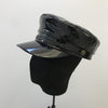 Faux Leather Shiny Black Flat Top Army Military Cap with Braids and Buttons-Hats-Innovato Design-Innovato Design