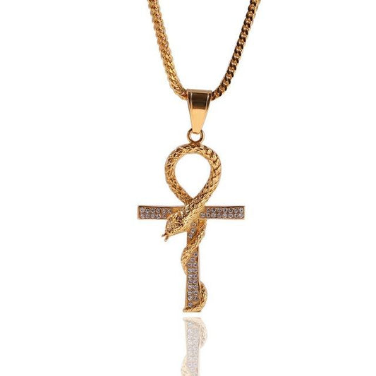 Metallic Snake Ankh Pendant with Cubic Zirconia Crystals Necklace-Necklaces-Innovato Design-Gold-24"-Innovato Design