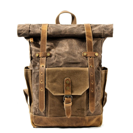 Large Capacity Vintage Canvas Waterproof Genuine Leather Backpack-Canvas and Leather Backpack-Innovato Design-Dark Brown-Innovato Design