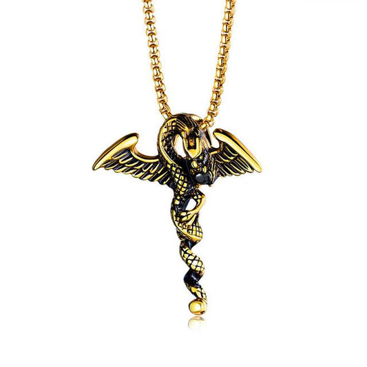 Stainless Steel Winged Dragon with Black Crystal Stone Necklace-Necklaces-Innovato Design-Gold-Innovato Design
