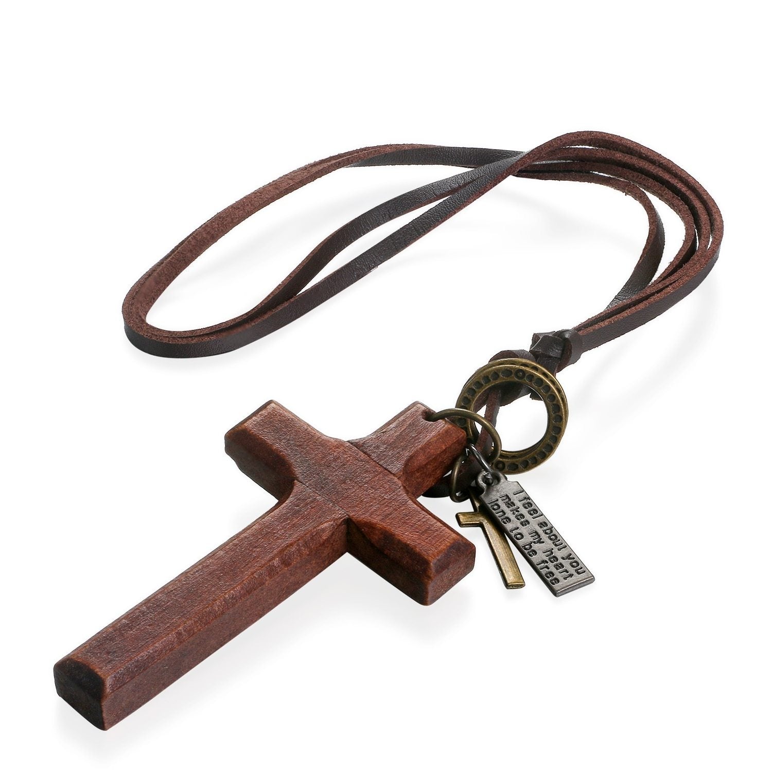 Adjustable Leather Wood Cross Necklace, Brown
