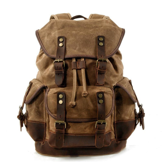 Canvas Leather Waterproof 20 to 35 Liter Backpack with String-Canvas and Leather Backpack-Innovato Design-Khaki-Innovato Design