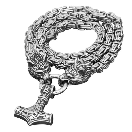 Two Wolf Heads with Thir's Hammer Pendant Large Rectangle Chain Necklace-Necklaces-Innovato Design-19.5-Innovato Design