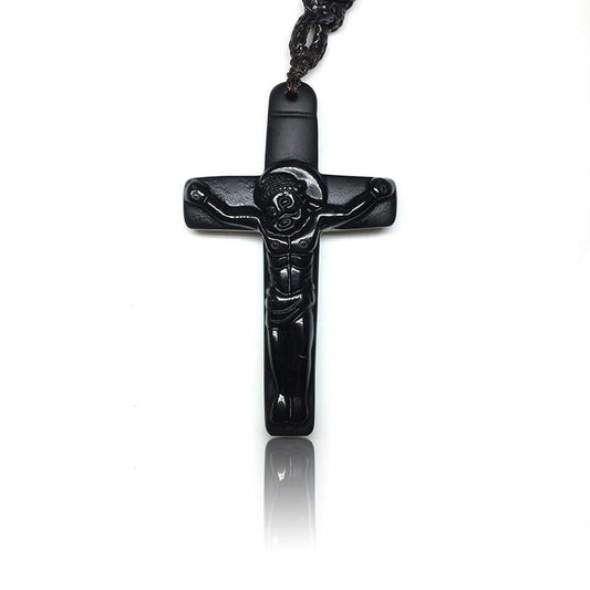 Black Obsidian Stone Jesus Cross Pendant with Rope Necklace-Necklaces-Innovato Design-Innovato Design