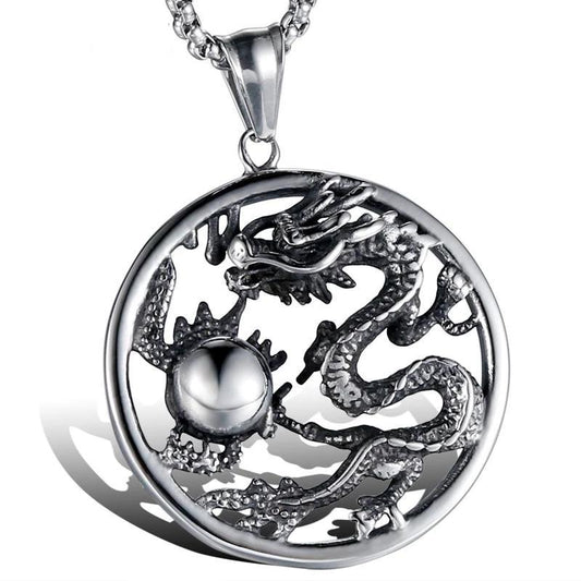 Silver Titanium Dragon and Ball Pendant with Chain Necklace-Necklaces-Innovato Design-Innovato Design