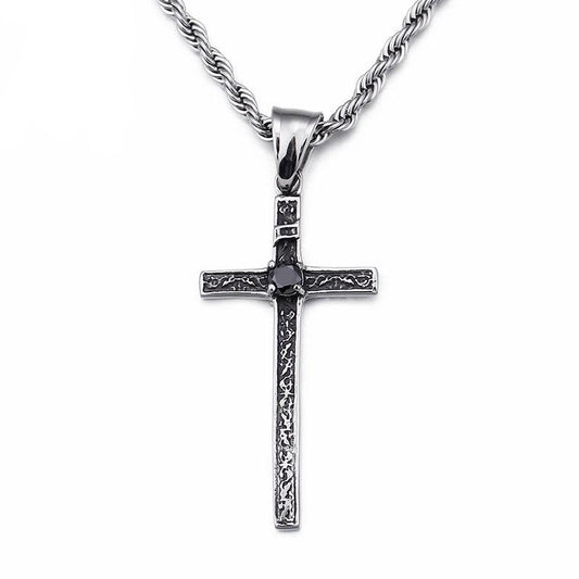 Thin Gothic Silver Cross Pendant with Black Crystal Necklace-Necklaces-Innovato Design-20-Innovato Design