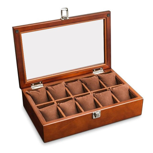 Brown Beech Wood Watch Display Box Organizer with 5, 8, 10 and 12 Slots-Watch Box-Innovato Design-10 Slots-Innovato Design