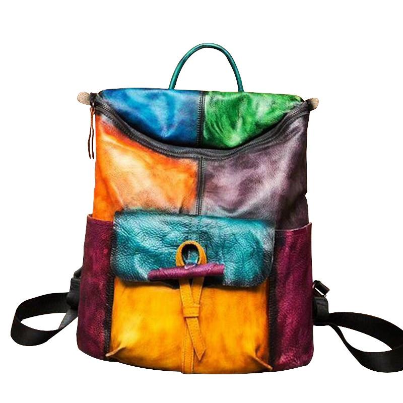 colored leather backpacks Multi-color Leather Cowhide Backpack with Patchwork Design
