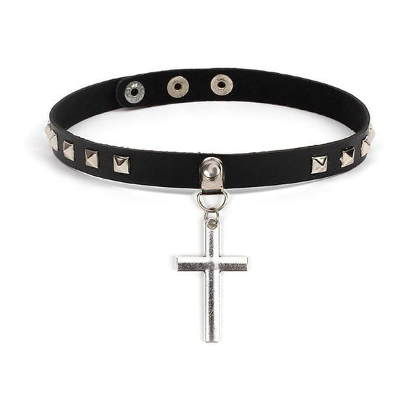 Black Leather Gothic Cross Choker Necklace-Necklaces-Innovato Design-Innovato Design