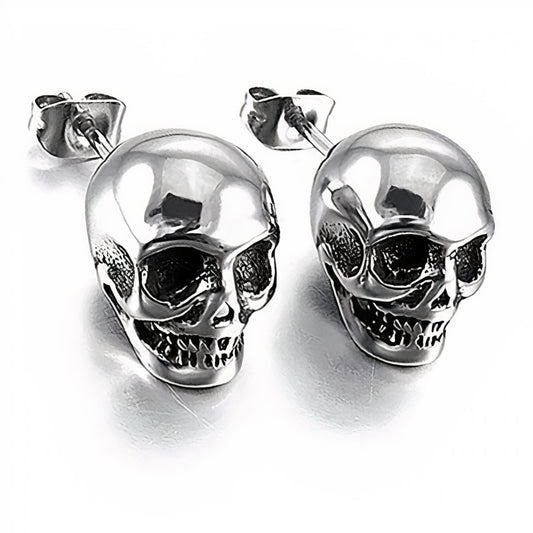 Men's Stainless Steel Stud Earrings Silver Tone Black Skull-Earrings-Innovato Design-Silver-Innovato Design