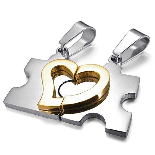 Matching Love Heart Puzzle Necklace Set For Couples - Stainless Steel With CZ, Gift Velvet Bag Included