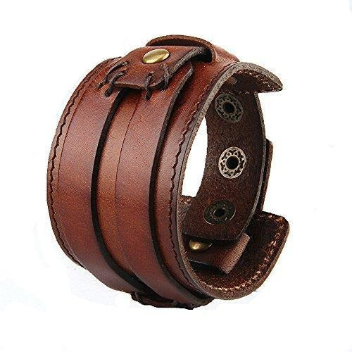 Men’s Genuine Leather Adjustable Wide Braided Wristband Bracelet Bangle with Smooth Cuff-Bracelets-Innovato Design-Light brown-Innovato Design