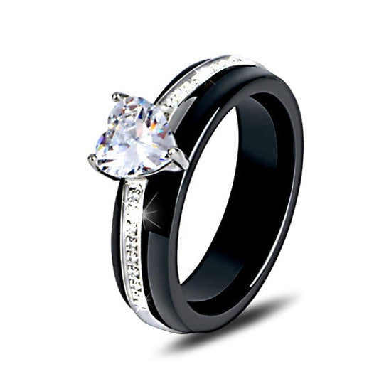 Black Ceramic Bridal Ring for Women Wedding Engagement Crystal Heart Zircon-Rings-Innovato Design-6-Innovato Design