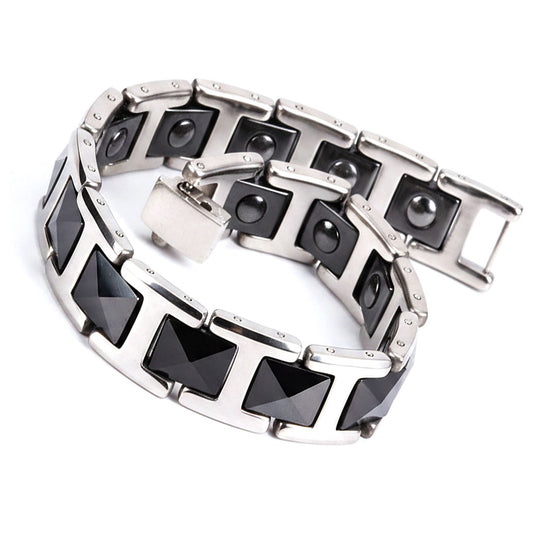 Men Ceramic Bracelet Black & Silver Magnetic Hematite Energy