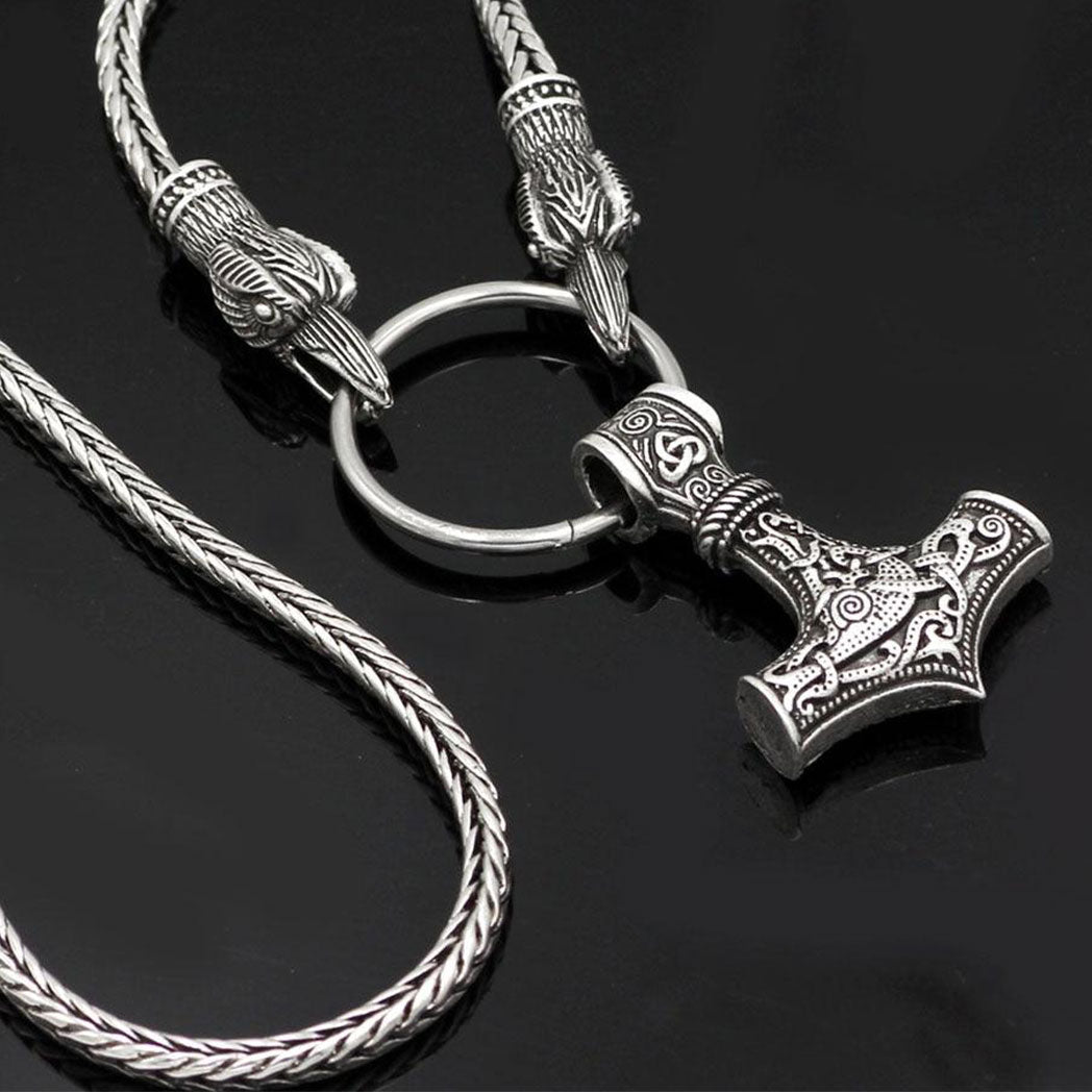 Odin's Raven with Thor's Hammer Pendant Chain Necklace