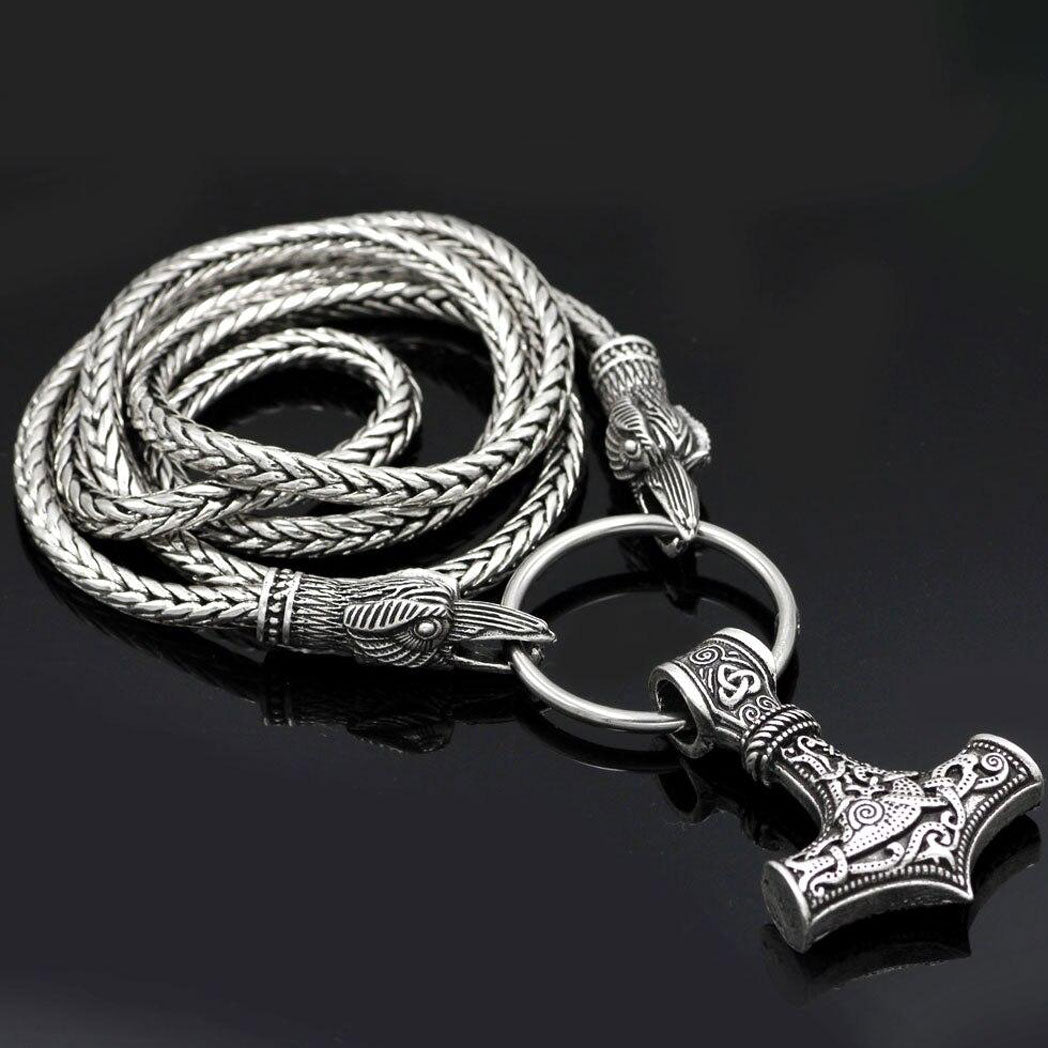 Odin's Raven with Thor's Hammer Pendant Chain Necklace