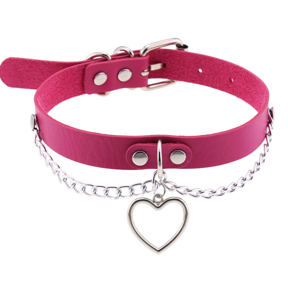 Chic Multicolor Stud and Heart Pendant Choker Collar Leather Gothic Punk Rock Necklace