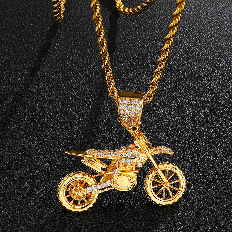 Cubic-Zirconia-Studded Motorcycle Bling Rope Chain Hip-hop Pendant Necklace