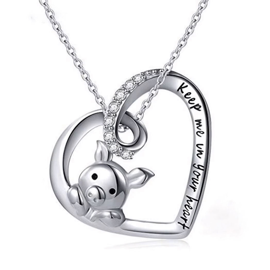 Pig with Heart 925 Sterling Silver Fashion Pendant Necklace