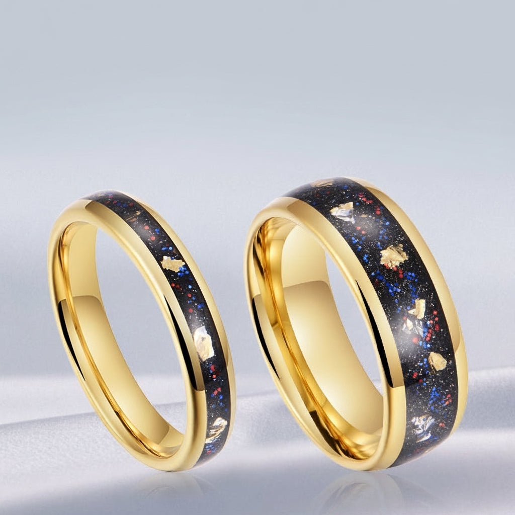 His and Her Tungsten Opal Meteorite Inlay Wedding Couple Rings Set