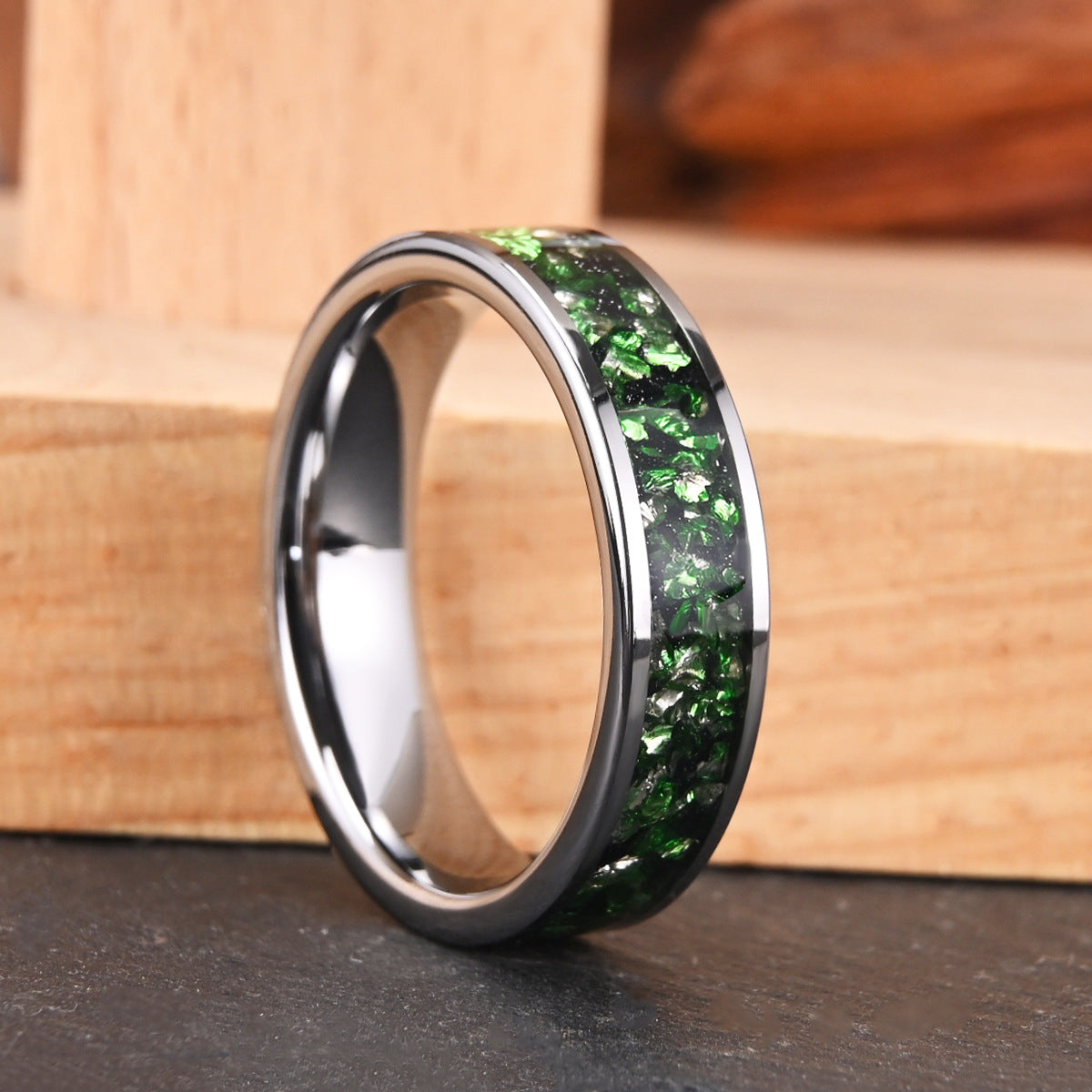 6mm Dual Black and Green Emerald Inlay Tungsten Carbide Ring