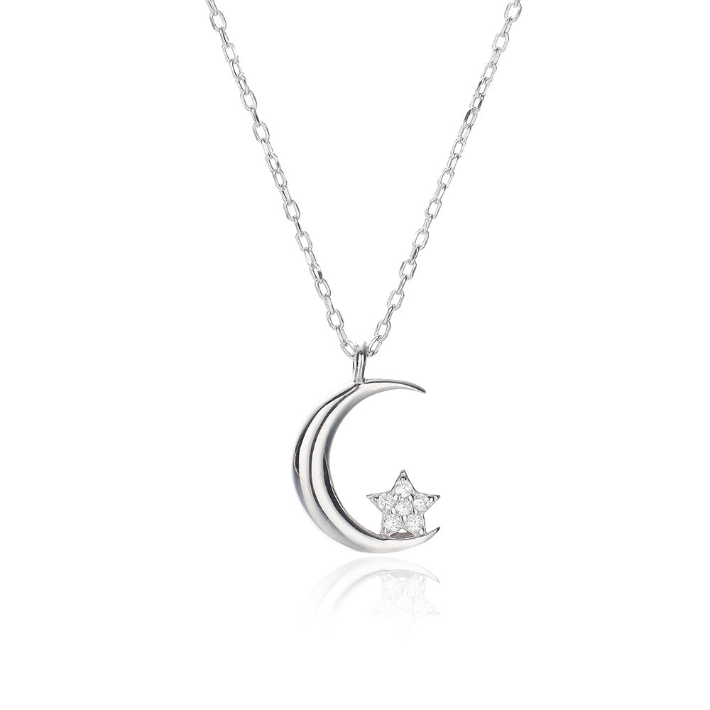 925 Sterling Silver Crystal Moon and Star Pendant Necklace