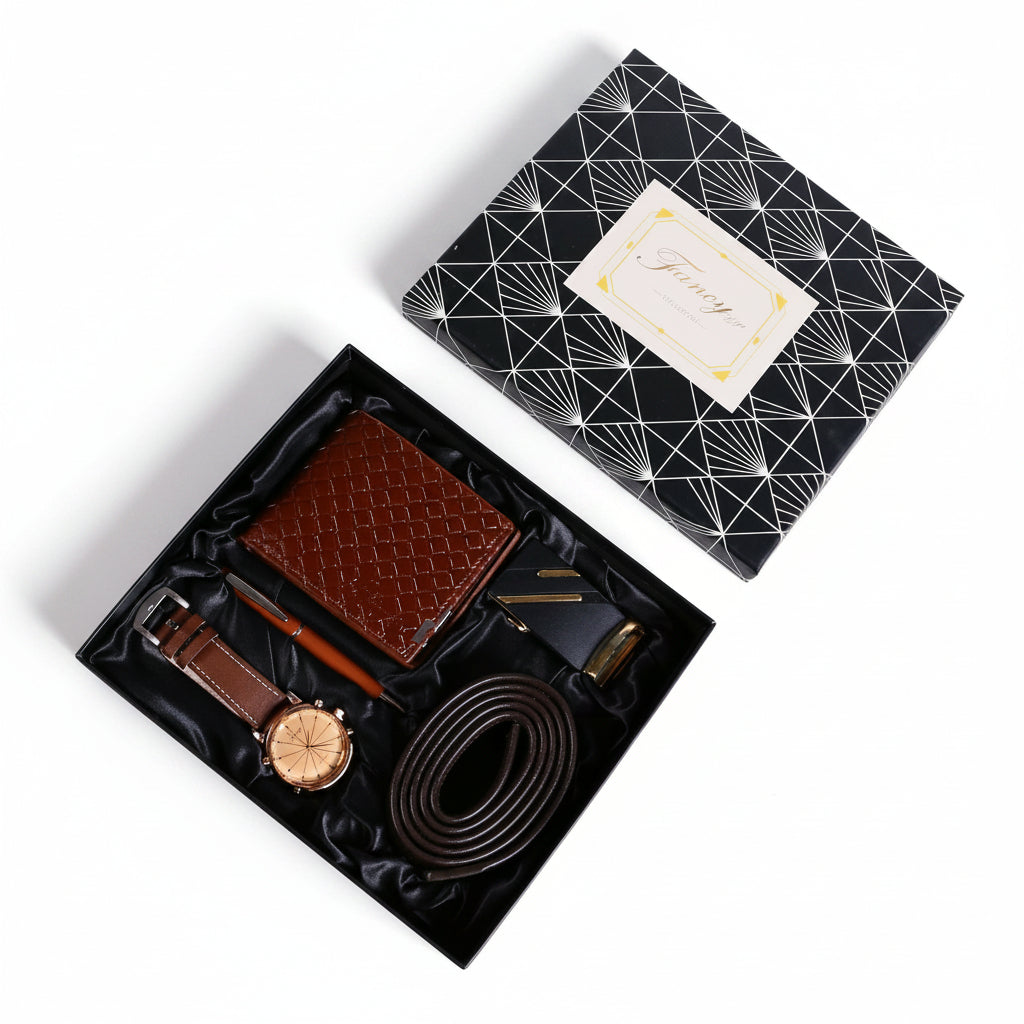 Men Quartz Watch, Leather Belt, and Ballpoint Pen Gift Box Set