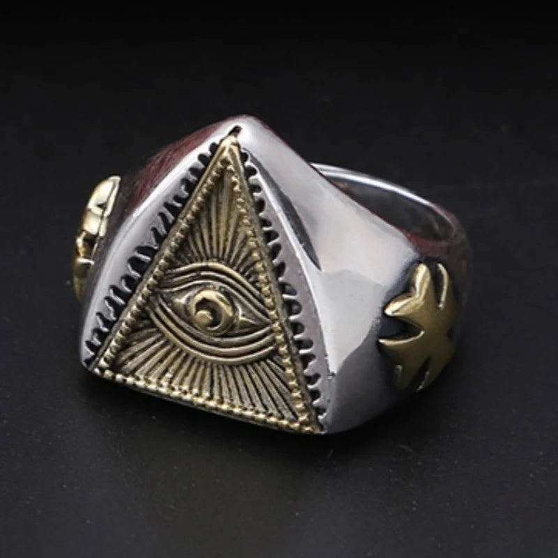 925 Sterling Silver Fully Adjustable Silver and Gold Color Egyptian Eye of Horus Men’s Fashion Ring
