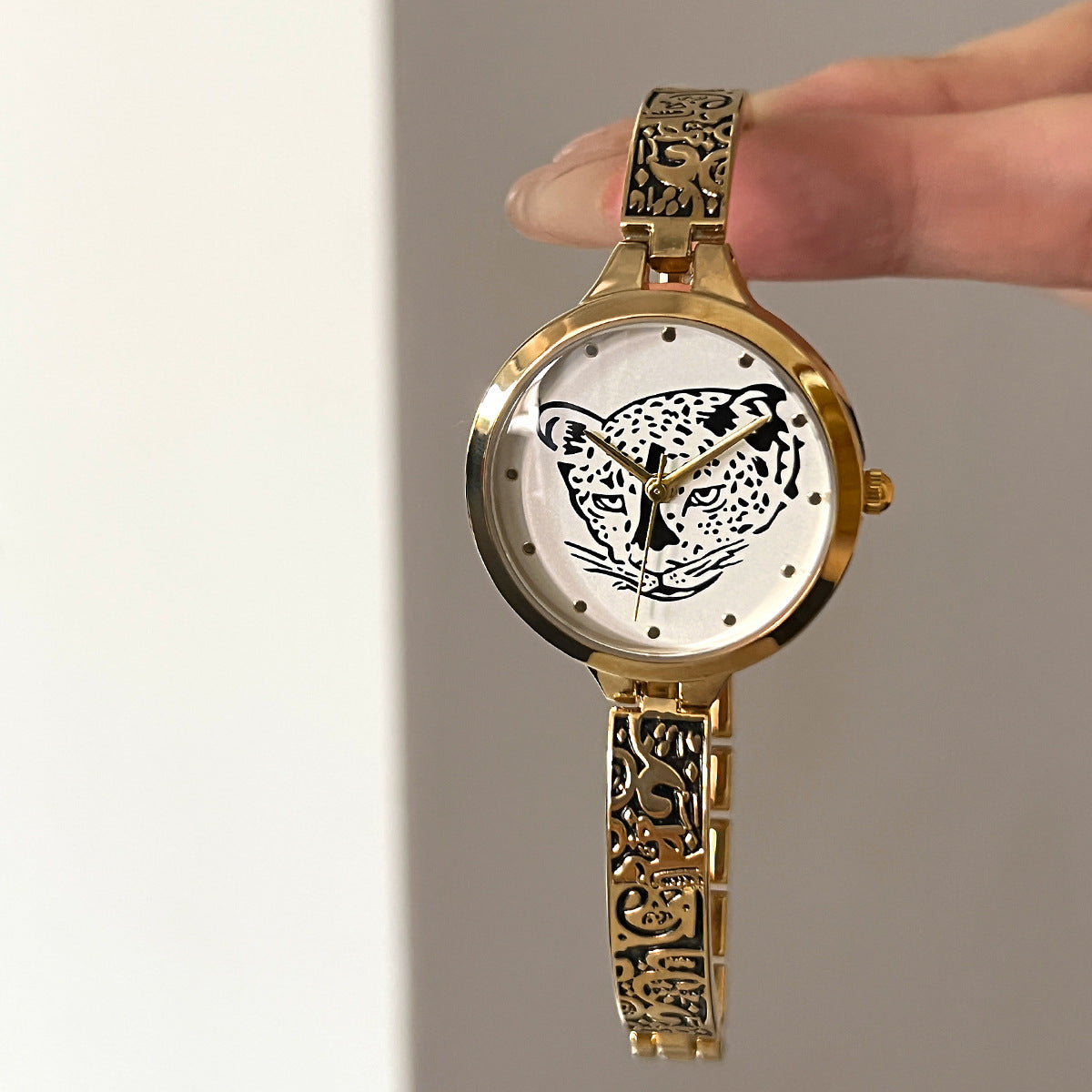Waterproof Leopard Shining Cubic-Zirconia-Studded Stainless Steel Band Fashion Hip-hop Quartz Watch