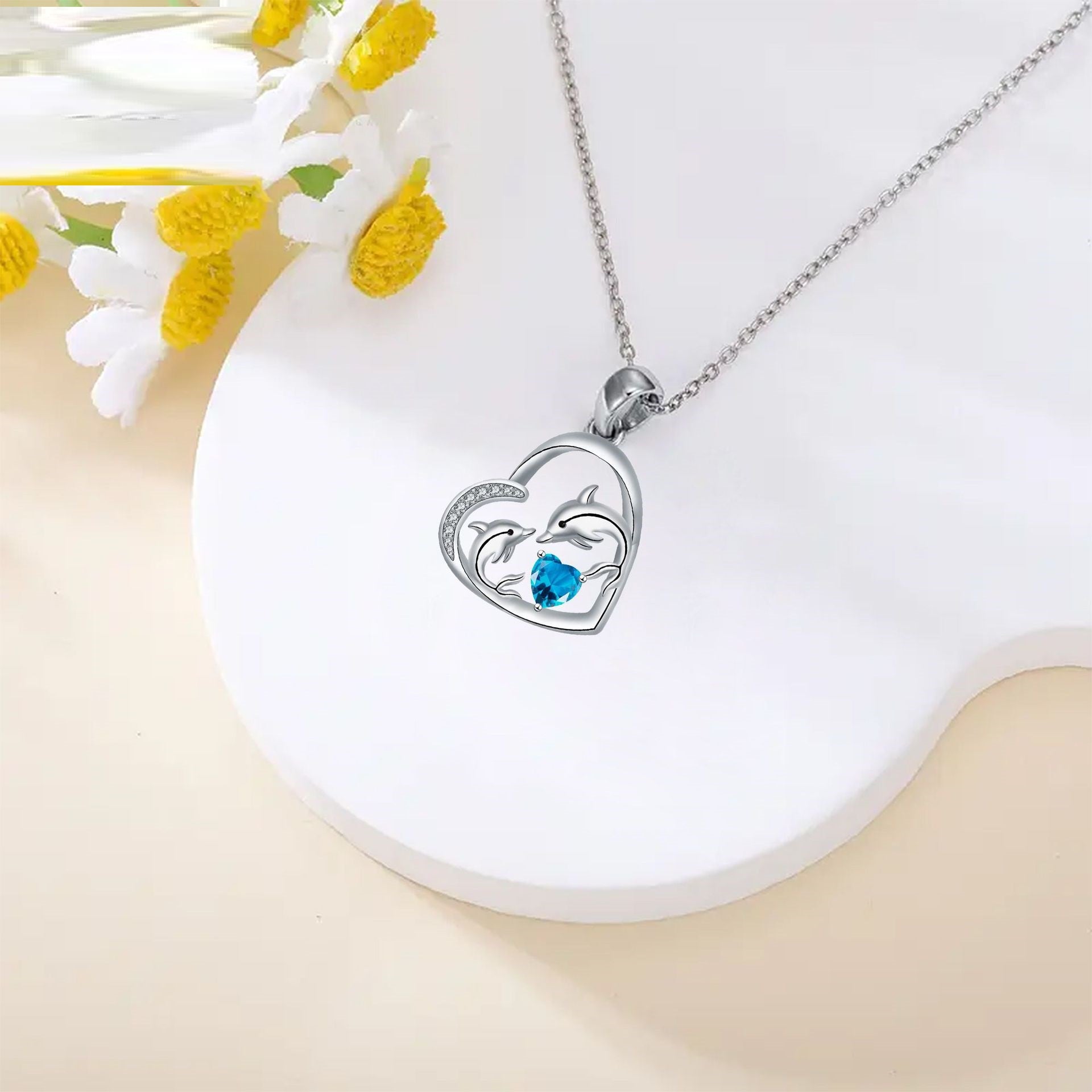 925 Sterling Silver Heart with Dolphin Mom and Baby with Sapphire Blue Crystal Necklace